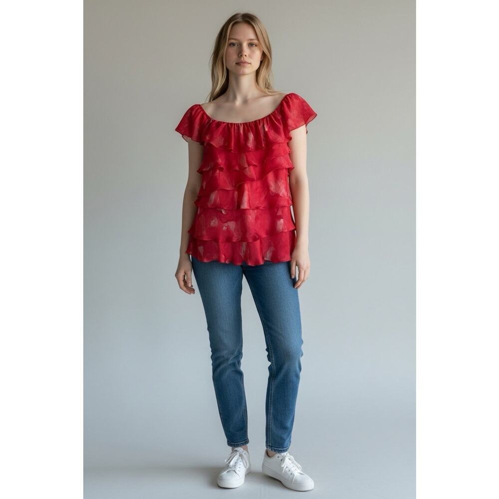 White House Black Market women's pink ruffle top size Medium